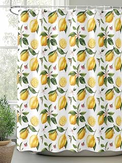 Lemon Yellow Floral Shower Curtain Waterproof Fabric Shower Curtain for Bathroom Decoration Summer Fruit Shower Curtains Set with Hooks Bathroom Curtain Set 72 x 72 Inch
