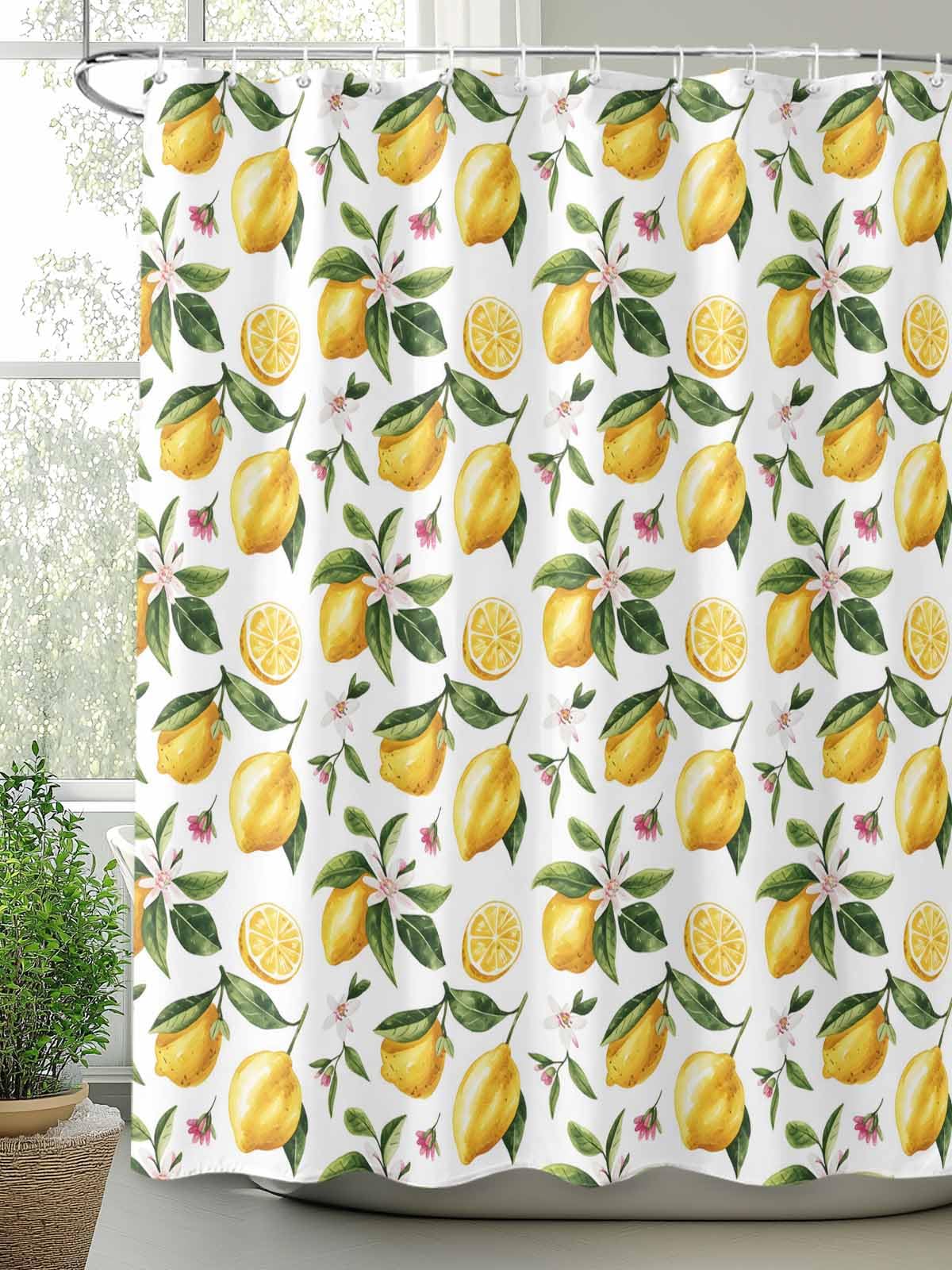 Lemon Yellow Floral Shower Curtain Waterproof Fabric Shower Curtain for Bathroom