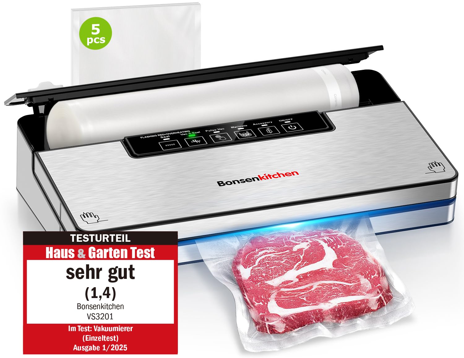Bonsenkitchen Vacuum Sealer, 5 Modes, Suction Capacity 8 L/min