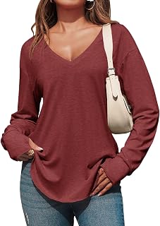 Tankaneo Women's Deep V Neck Long Sleeve Tunic Tops Oversized Casual Loose Fit Curved Hem