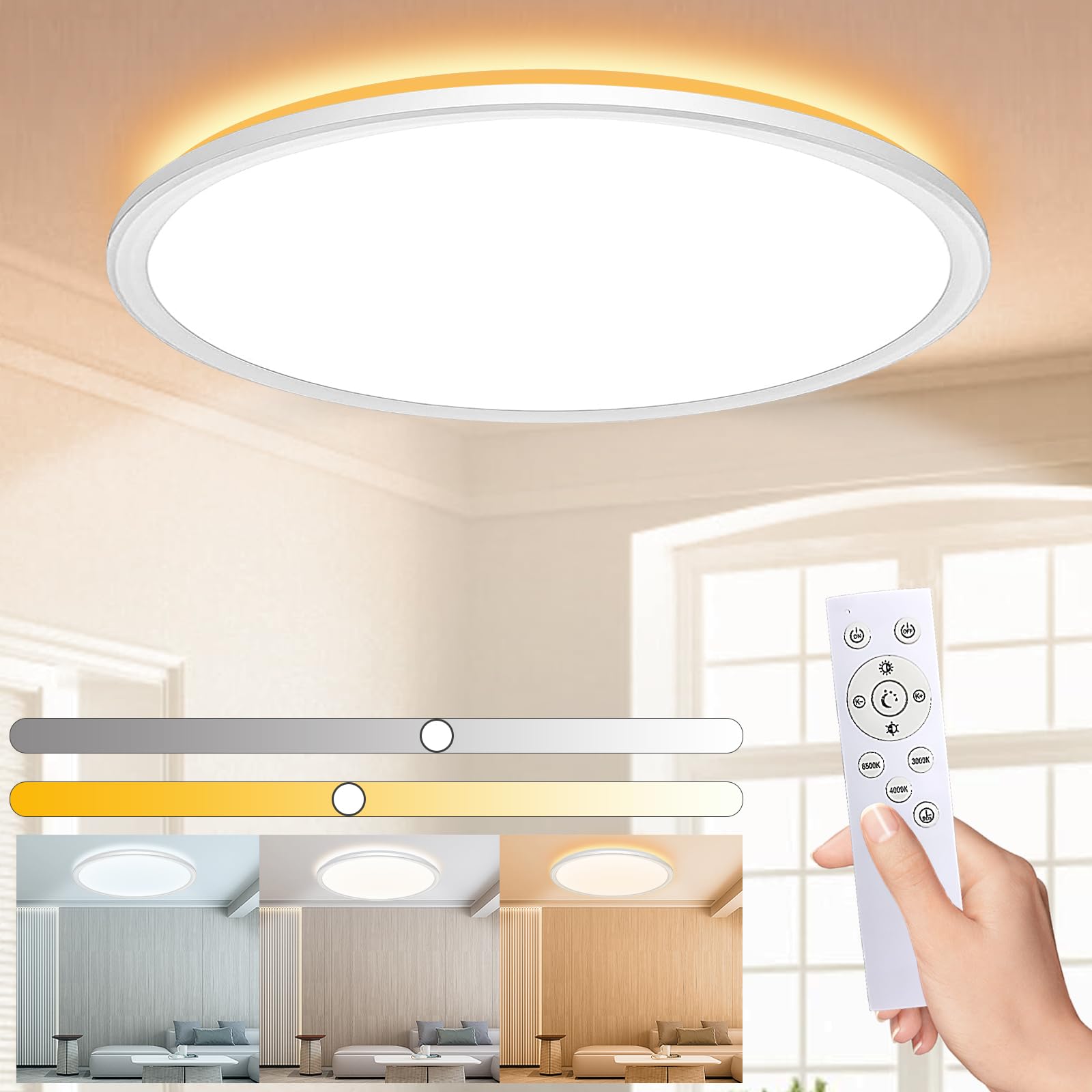 LQIKARL Led Ceiling Light Dimmable Ceiling Light 3000K, 4000K, 6500K 10 Level Br