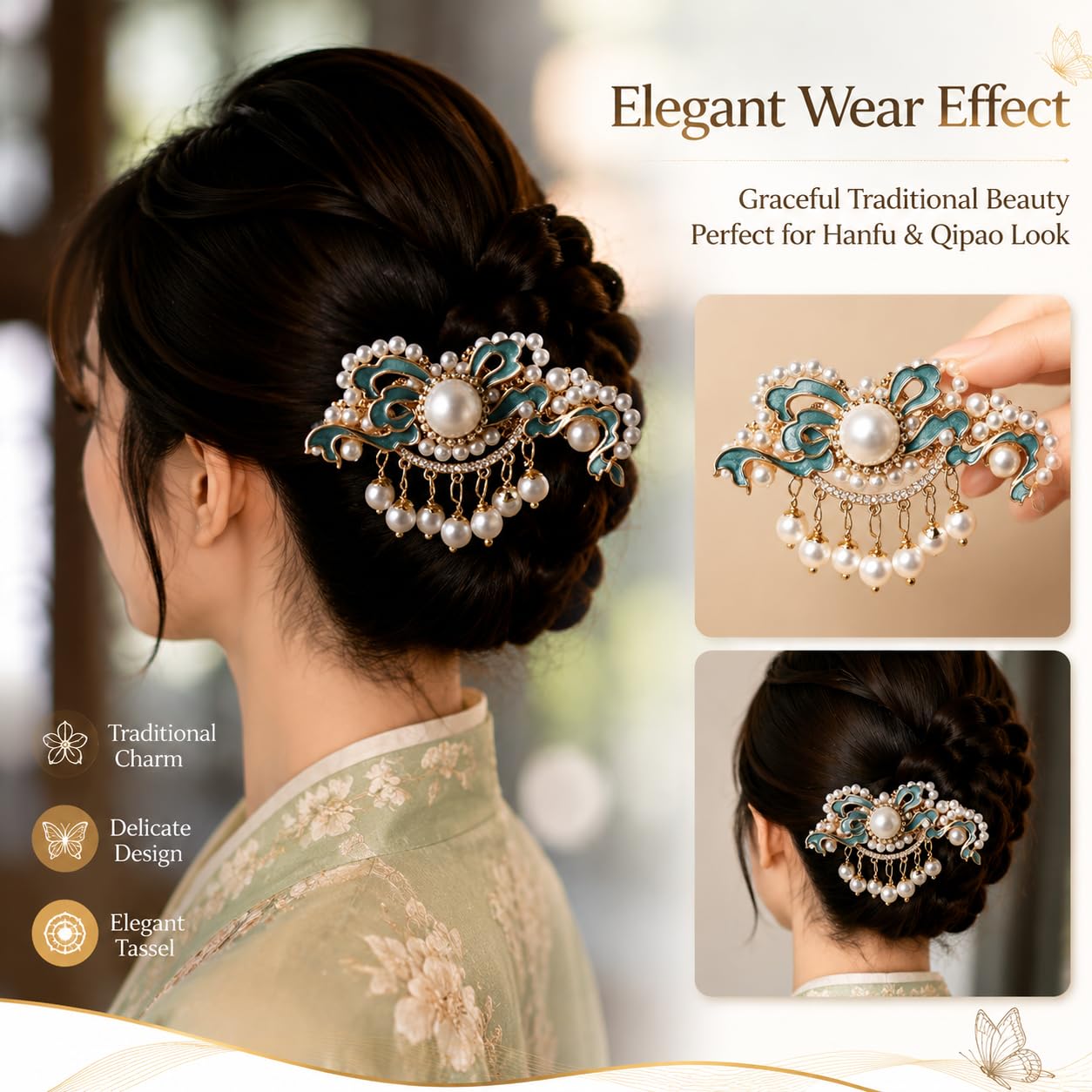Cloisonné Chinese Cloud Tassel Edge Hair Clip - High End Hair Pin for Qipao & Ha