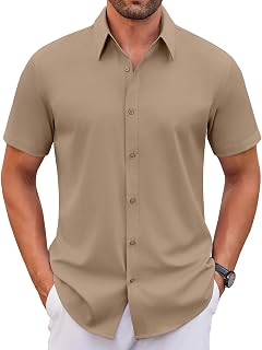 COOFANDY Camisas de vestir elásticas para hombre, de manga corta, sin arrugas, informales, con botones