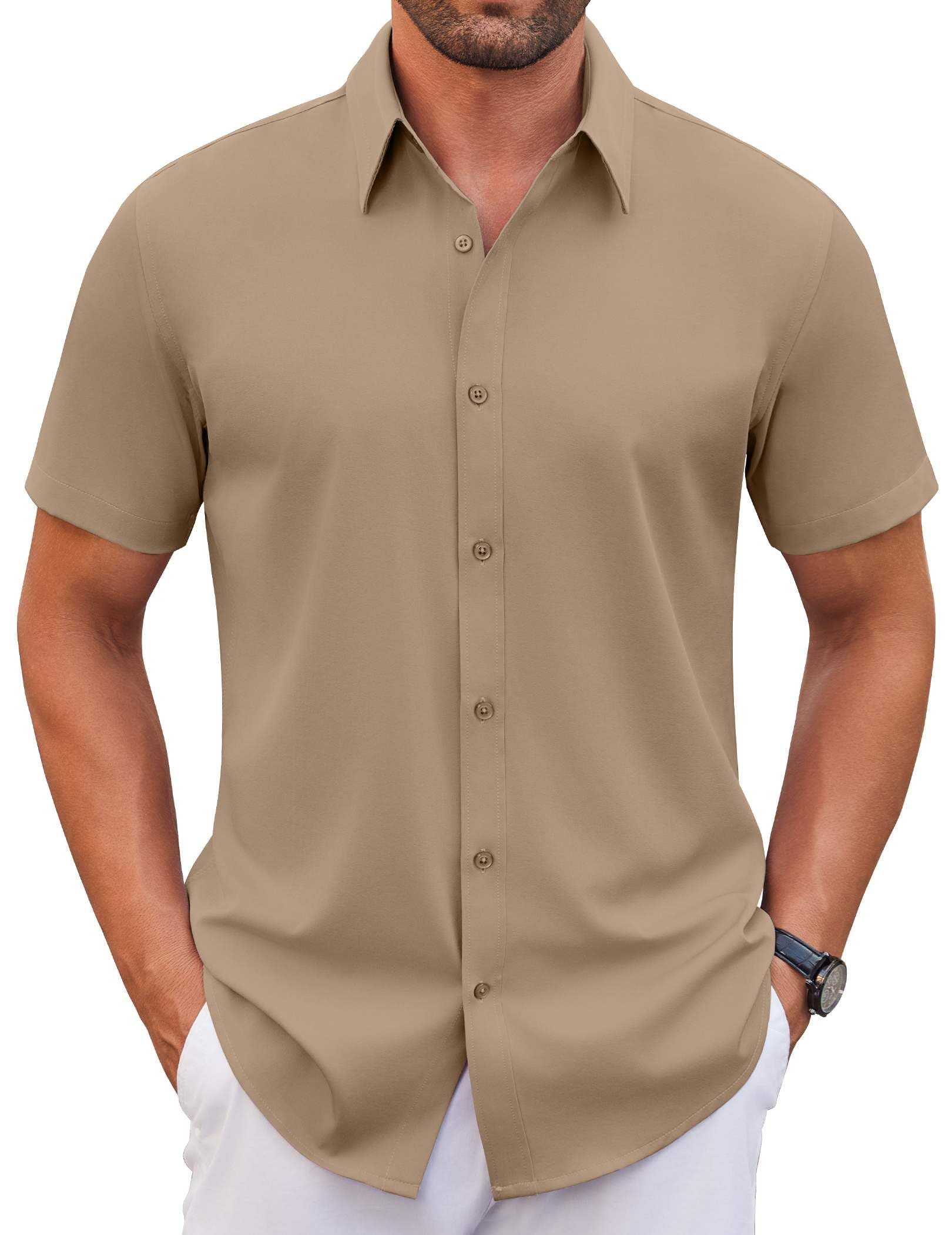 COOFANDY Camisas de vestir elásticas para hombre, de manga corta, sin arrugas, i