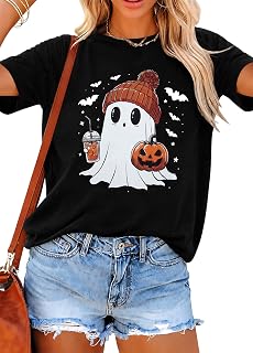 Halloween Shirts for Women Cute Ghost Shirt Fall Pumpkin Tshirt Coffee Lover Graphic Tees Casual Short Sleeve Tops