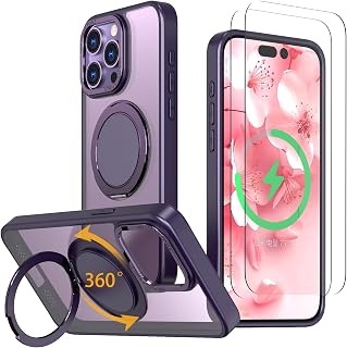 Strong Magnetic for iPhone 14 Pro Case with 360° Rotatable Stand [with 2 Tempered Glass Film] [Compatible with Magsafe] Military-Grade Drop Protection Case, Purple