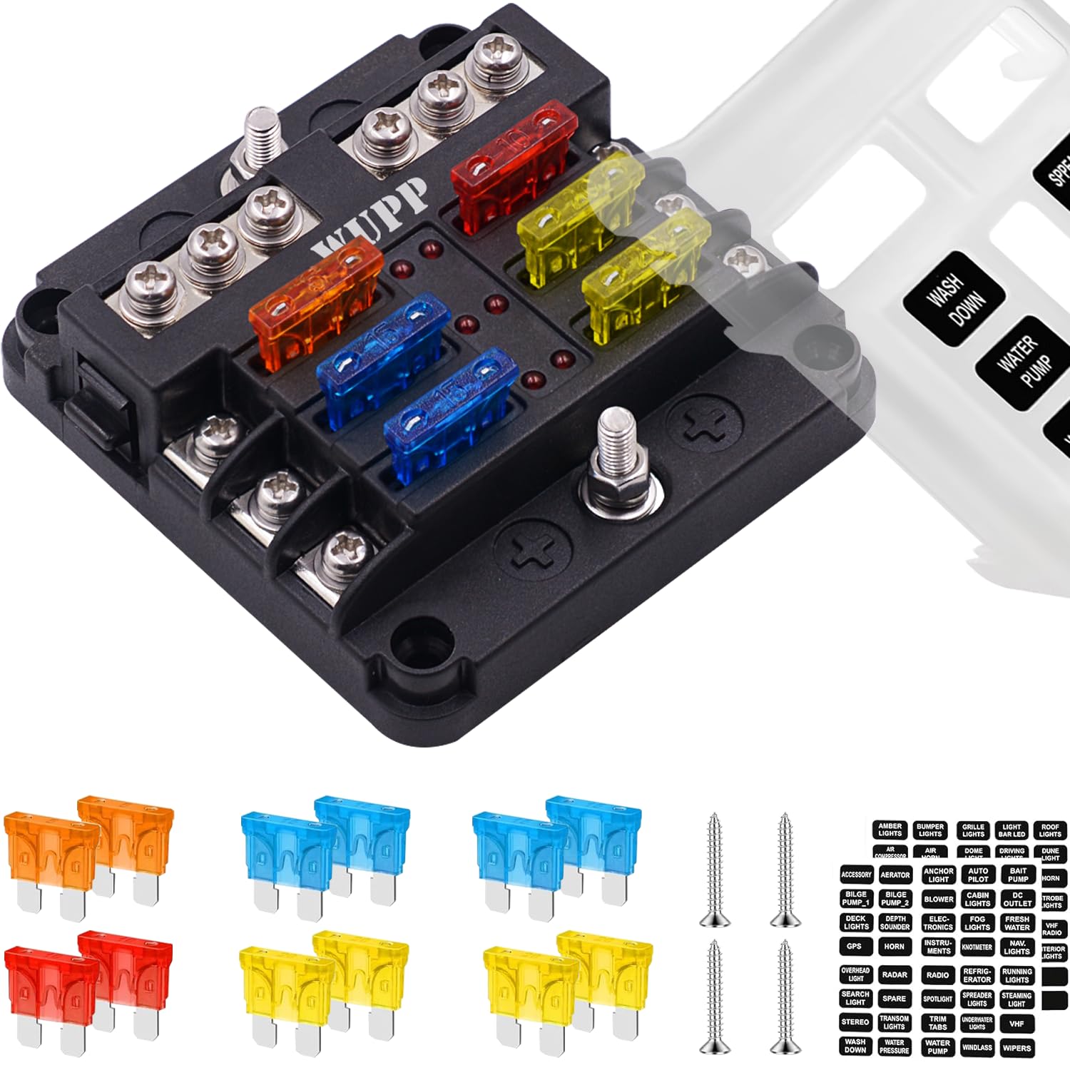 WUPP 12 Volt Fuse Block, Waterproof Boat Fuse Panel with LED Warning Indicator D