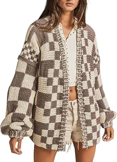 SELINK Women Vintage Open Front Mixed Check Chunky Knit Cardigan Long Sleeve Daily Outwear
