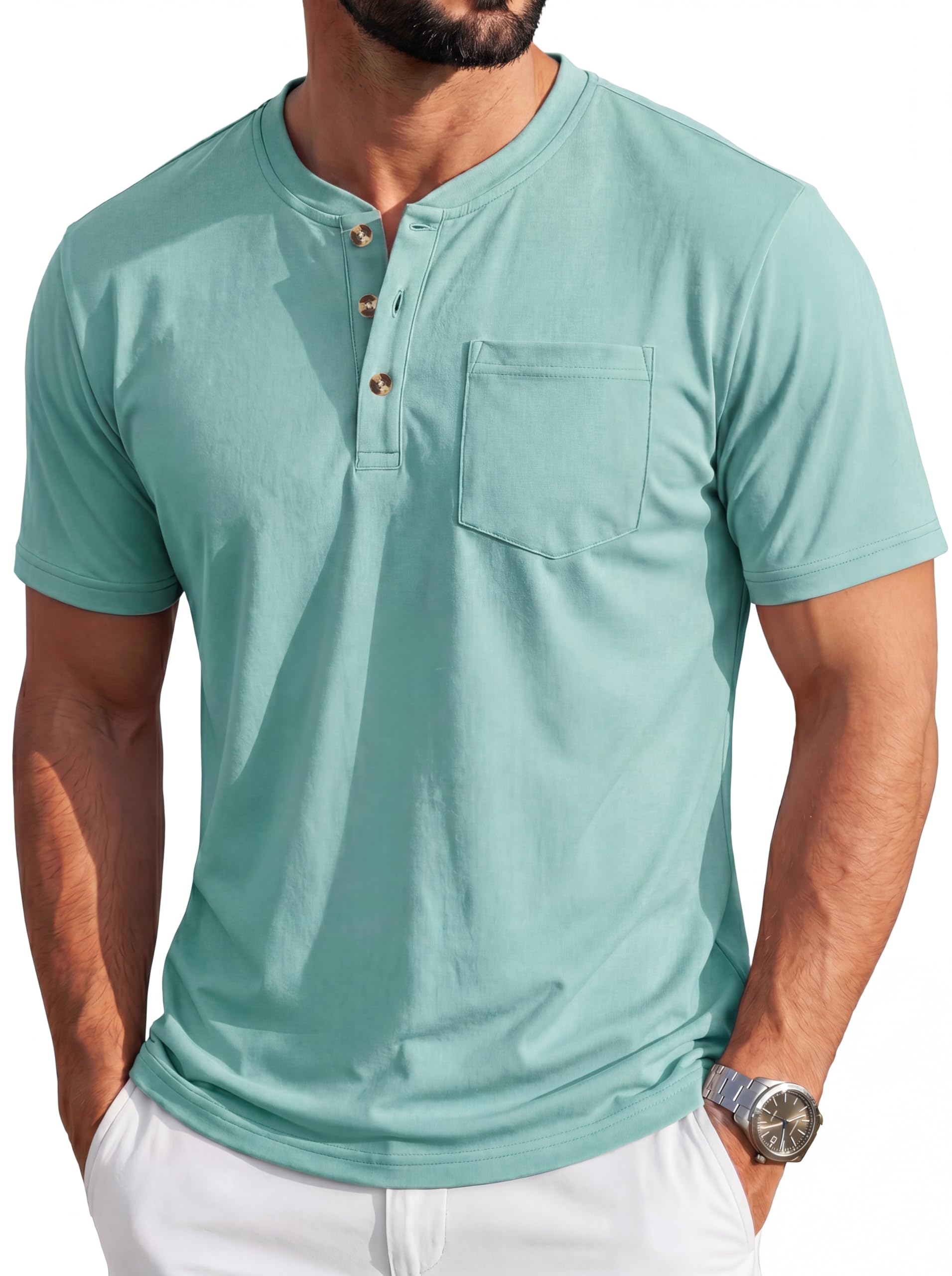 MAGCOMSEN Henley-Hemd für Herren, kurzärmelig, Baumwolle, 3 Knöpfe, Rundhalsauss
