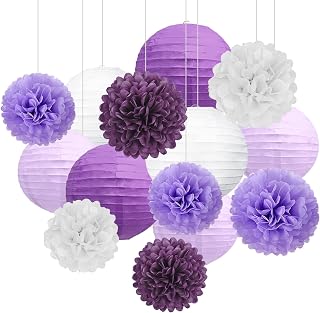 18 PCS Purple White Paper Lanterns & Tissue Paper Pom Poms for Women Birthday, Baby Shower, Wedding, Bridal Shower, Hanging Paper Decor for Graduation Theme Party Supplies