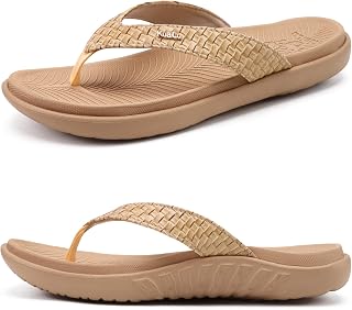 KuaiLu Women's Summer Fashion Leather Flip Flops with Support Orthopedic Beach Flip Flops and Pool Slips