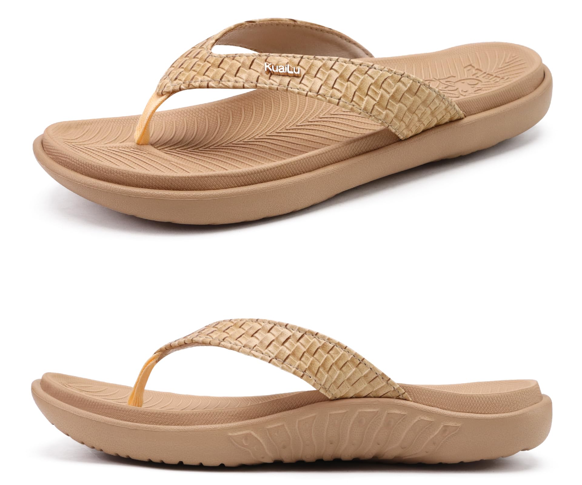 KuaiLu Women's Summer Fashion Leather Flip Flops with Support Orthopedic Beach F