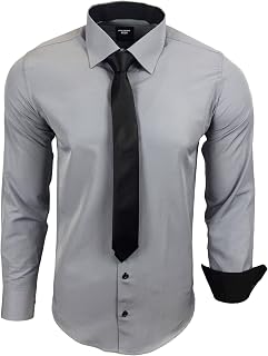 Subliminal Mode - Men's Long-Sleeved Shirt with Two-Tone Collar Plain + Black Tie Shirt Slim Fit Business Easy Iron RN77