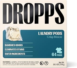 Dropps Odor & Stain Laundry Detergent Pods, Crisp Breeze (64 Count) - Powerful Laundry Pods | Complete Clean Laundry Soap | Fights Odors & Stains | Clean Ingredients | Plastic Free Packaging