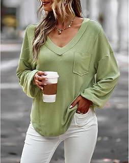 Womens Long Sleeve V Neck Tops Loose Fit Casual T-Shirt Tops