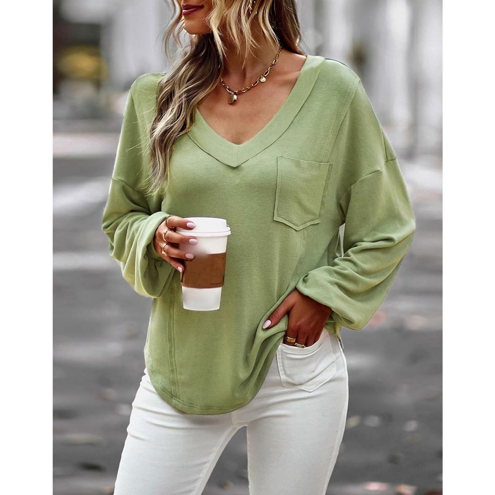 Womens Long Sleeve V Neck Tops Loose Fit Casual T-Shirt Tops