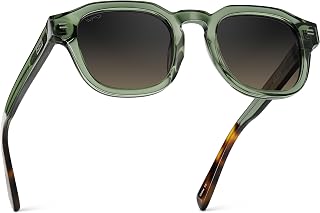 WMP Eyewear Lunettes de soleil polarisées pour homme : monture géométrique, charnières à 5 barils, verres tri-acétate, rivets en pointillés, Verres dégradés vert agave cristal / gris marron