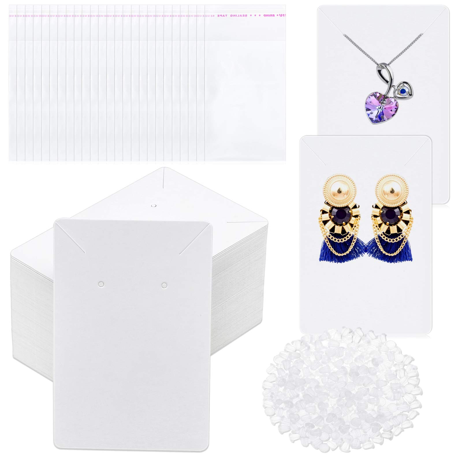 Anezus White Earring Packaging Kit - 400 Pcs with Display Cards, Self-Sealing Ba