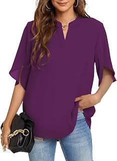 Funlingo Women's Summer Tops Short Sleeve / Long Sleeve Casual Shirts V Neck Chiffon Dressy Blouse Tops