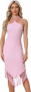 Vacation Dresses Women Summer Halter Asymmetrical Fringe Hem Sleeveless Beach Bodycon Midi Dress