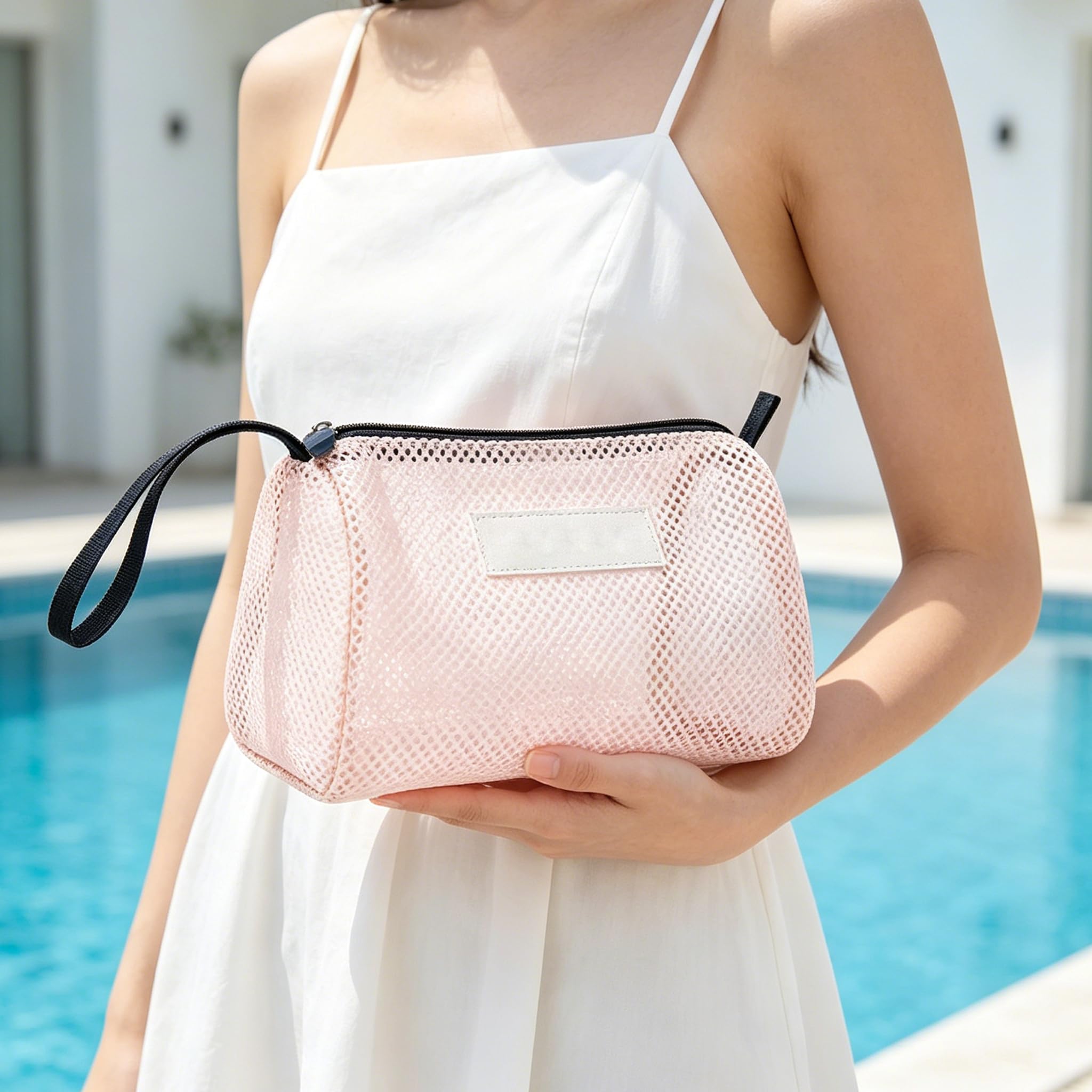 Light Pink Mesh Cosmetic Bag, Portable Beach Toiletries Organizer, Zippered Tote