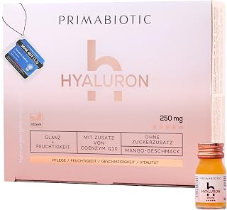 Hyaluronsäure Trinkampullen – Primabiotic Hyaluron 250 mg | 30 Shots à 30 ml (900 ml) | Veganer Flüssiger Beauty Drink mit Mangogeschmack | Für Tiefenhydration & Elastisches, Glattes Hautbild