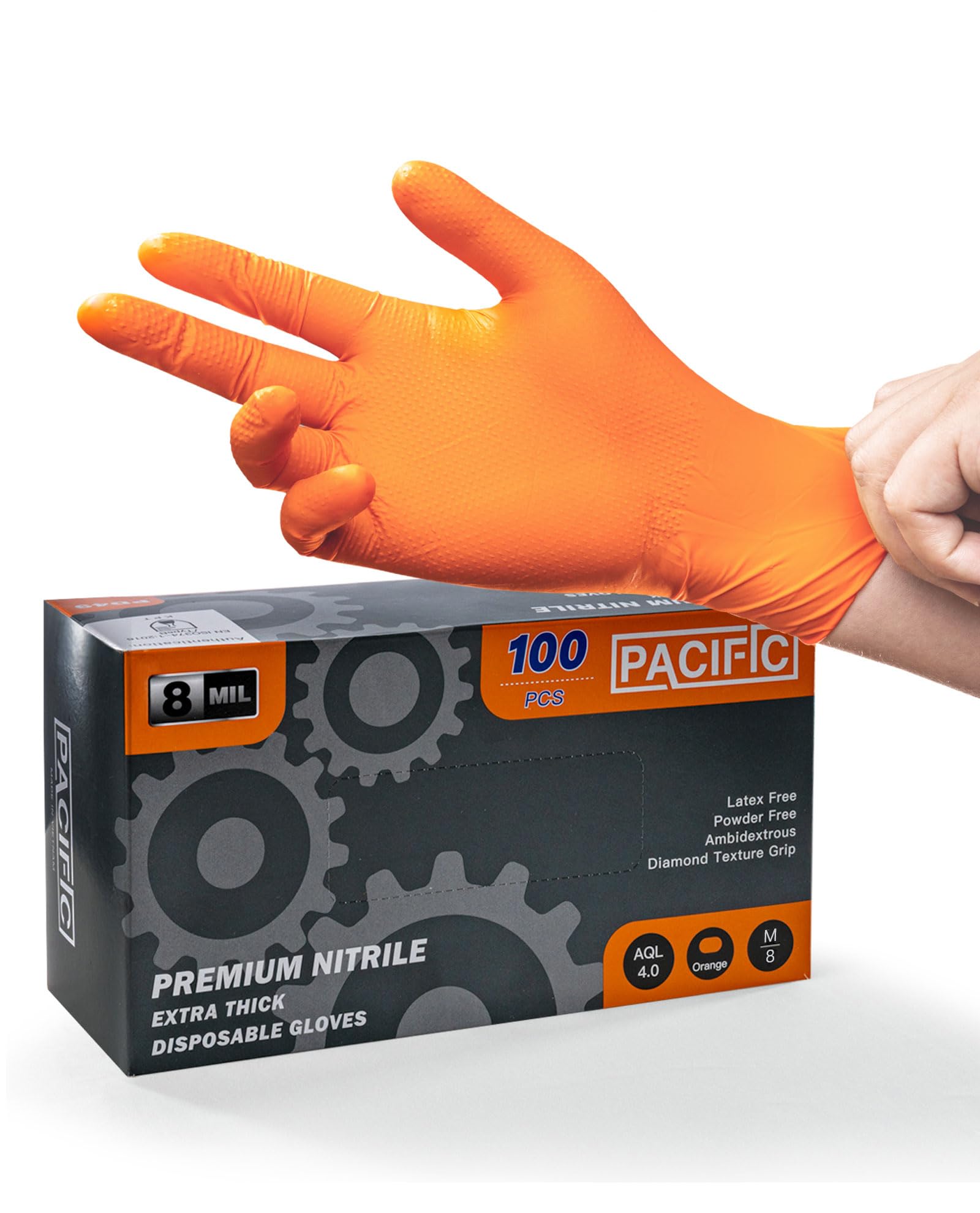 PACIFIC 100x Guantes Desechables Diamond Grip, Guantes de Nitrilo, Naranja