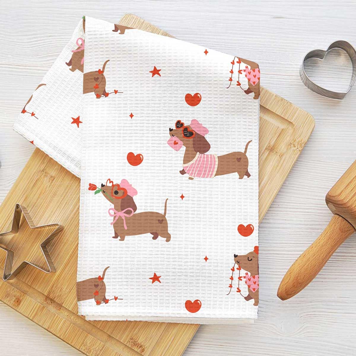 Adorable Cartoon Dachshund Kitchen Towel, Whimsical Decorative Absorbent Microfi