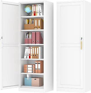 Lusiwry Tall Narrow Slim Metal Storage Cabinet with Lock and 5 Adjustable Shelves,Steel File Cabinets,Kitchen Pantry Cabinet Locker Organizer - 67" Storage Cabinets Bathroom,Bedroom,Office,White