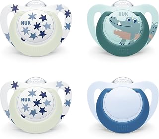 NUK Star Day & Night Baby Dummy | 18-36 Months | Soothes 99% of Babies | Silicone Soothers | Glow-in-the-Dark to Find at Night | Crocodile | 4 Count