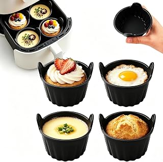 4 Pack Air Fryer Baking Ramekins – Premium Food-Grade Silicone Mold Cups, Non-Stick Air Fryer Accessories for Eggs, Cupcakes, Muffins, Puddings, Tarts, Custards,Black