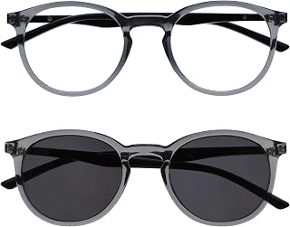 OPULIZE Met Double Pack Reading Glasses with Large Round Sun Reader Grey Black Men Women Spring Hinges RS60-7 +1.00