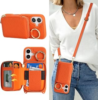 Cavor Custodia a portafoglio in vera pelle per iPhone 17 con porta carte di credito per donne e uomini, custodia per iPhone 17 con cinturino, cordino a tracolla e cinturino da polso con cerniera