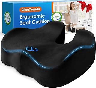 BlissTrends Memory Foam Seat Cushion for Office Chair & Car Seat, Black | Ergonomic Tailbone & Sciatica Support with Removable Velvet Cover for Pressure Relief and Long Sitting Comfort, 3.3" Thick