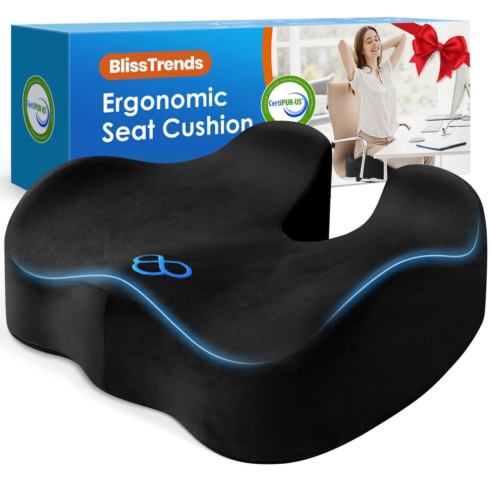 BlissTrends Memory Foam Seat Cushion for Office Chair & Car Seat, Black | Ergono