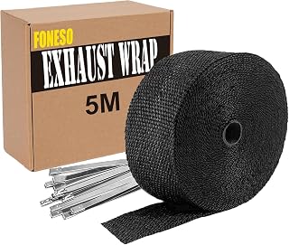 Foneso Car Exhaust Wrap, 5M Black Exhaust Tape | Fiberglass Heat Insulation Wrap Roll with 10 Pcs Stainless Steel Zip Ties, for Motorcycle Car Exhaust Pipes, Mainfold