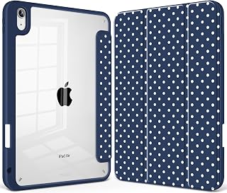 Mektron Case for 2026 iPad Air 11 inch M4 8th (M3 2025 7th /M2 2024 6th), Compatible with iPad Air 10.9" (2022 5th Gen /2020 4th Gen), Buit in Pencil Holder Shockproof Clear Shell, Poka Dot Navy Blue