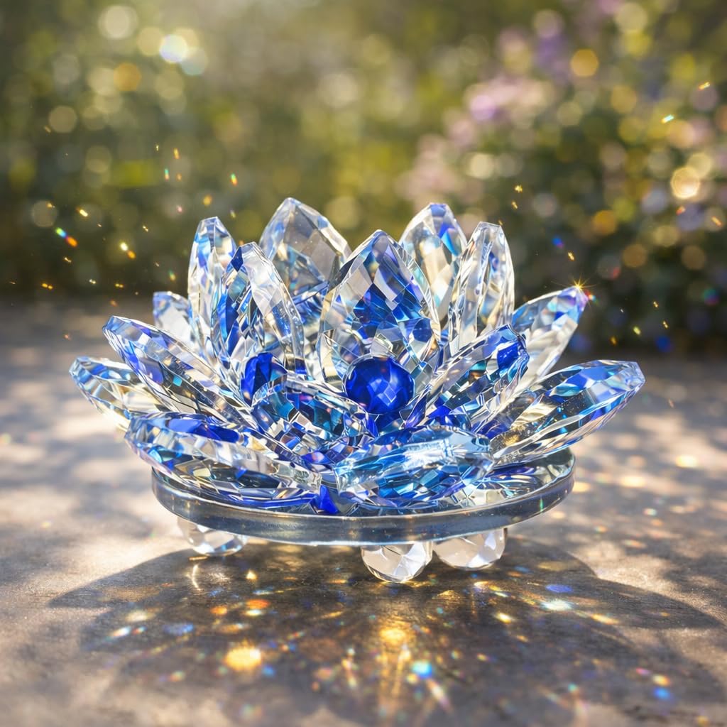 Sparkling Crystal Lotus Figurine, Fengshui Crystal Flower Glass Ornaments for Ho