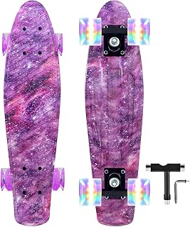 Nattork Skateboards 22 Inch Mini Cruiser Skateboard Complete Retro Skate Boards with Colorful Light Up Wheels for Kids Girls Boys Beginners