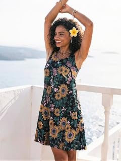 Women Sleeveless A-line Dress Round Neck Casual Swing Dress Lightweight Beach Summer Dress