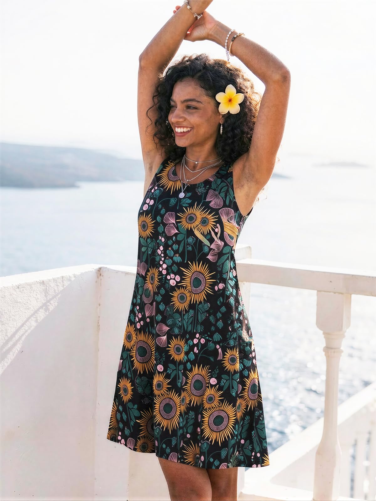 Women Sleeveless A-line Dress Round Neck Casual Swing Dress Lightweight Beach Su