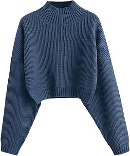 ZAFUL Women's Pullover Sweater Drop Shoulder Plain Knitted Cropped Sweater Pullover Solid Long Sleeve Cropped Tops