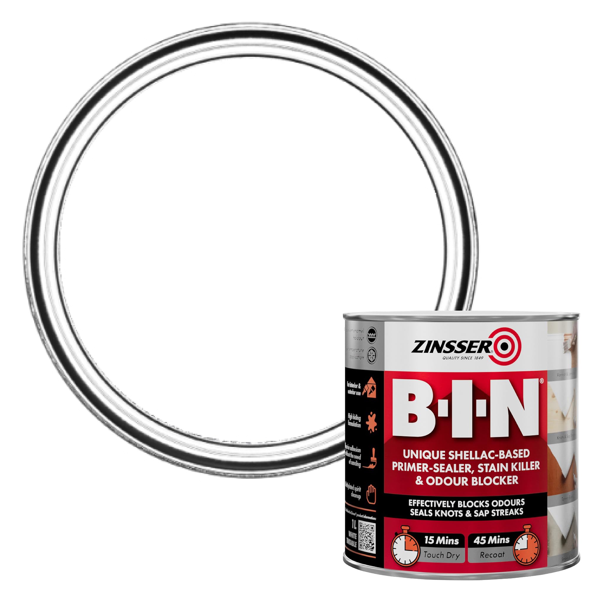 Zinsser BIN Primer-Sealer & Stain Killer 1 Litre White Finish | Blocks Odours, S