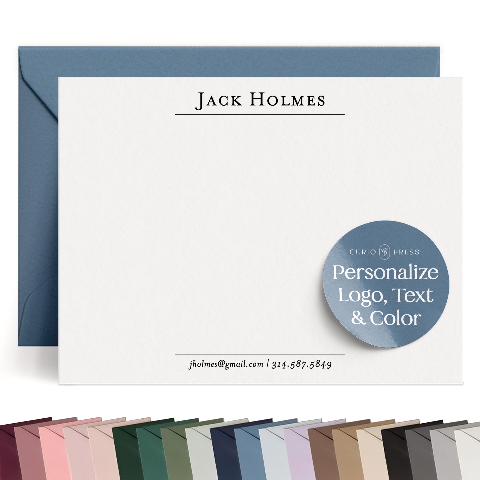 Curio Press Personalized Stationery for Men Custom Notecards, Prestige Flat | A2