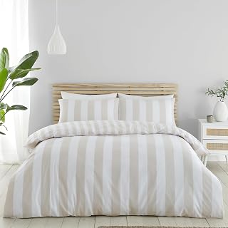Catherine Lansfield Cove Stripe Reversible Duvet Cover Set with Pillow Case - Natural