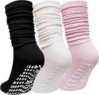 PUTUO Women's Non-Slip Yoga Socks: Long Non-Slip Cotton Socks Ideal for Pilates Dance Ballet Fitness Home Sport Hospital Rehabilitation 3 Pairs