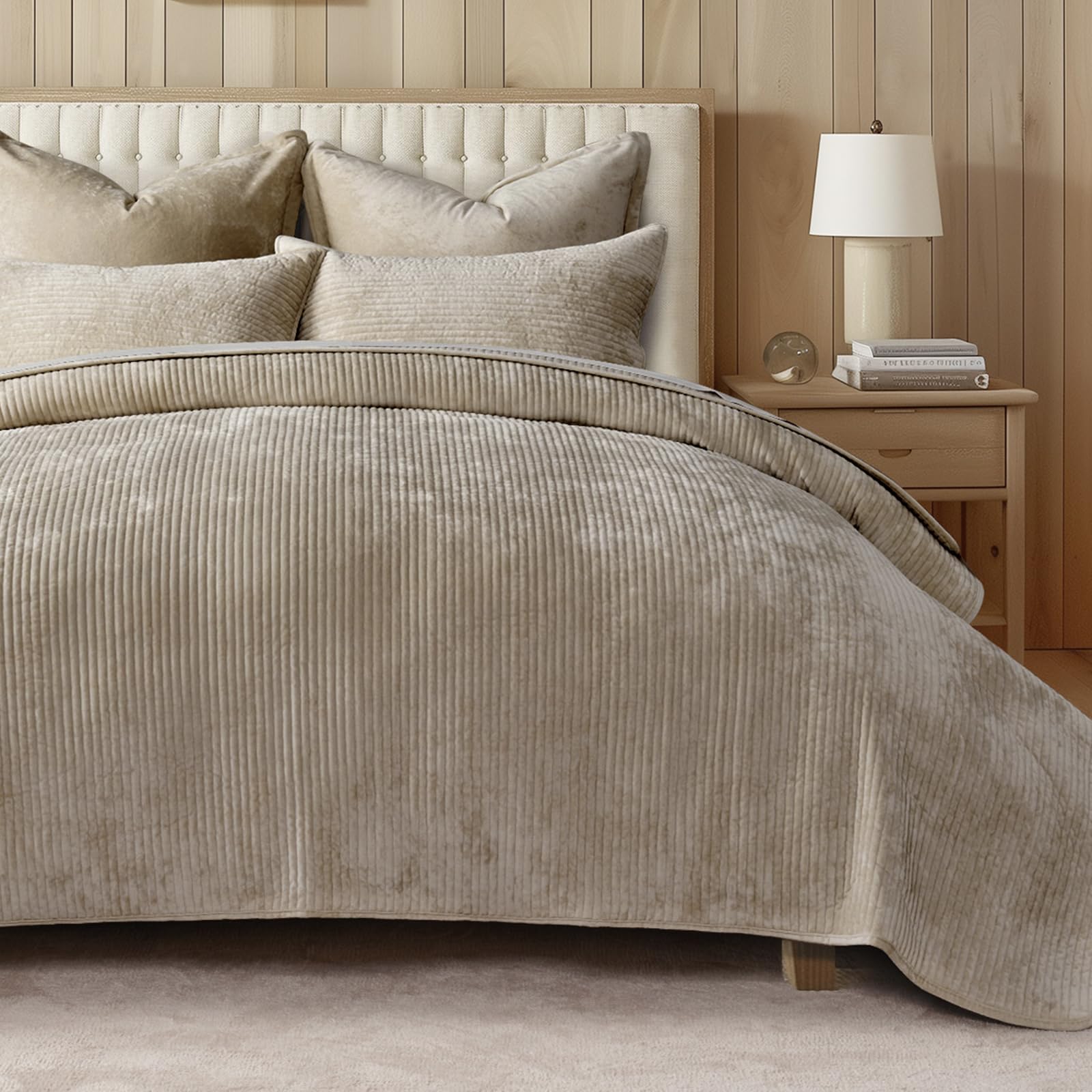 EverGrace Striped Channel Velvet Quilt Set, King Size, Urban Taupe | Luxurious S