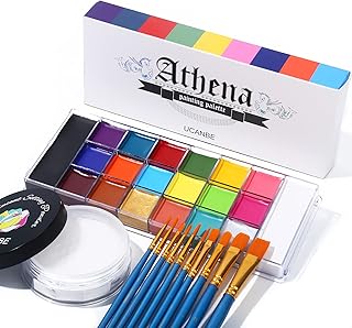 UCANBE Athena Face Body Paint Oil Palette + Translucent Setting Powder + 10PCS Brushes Set, Professional Non Toxic Face Painting Pallet Kit for Halloween SFX Cosplay Clown Makeup for Women Adults