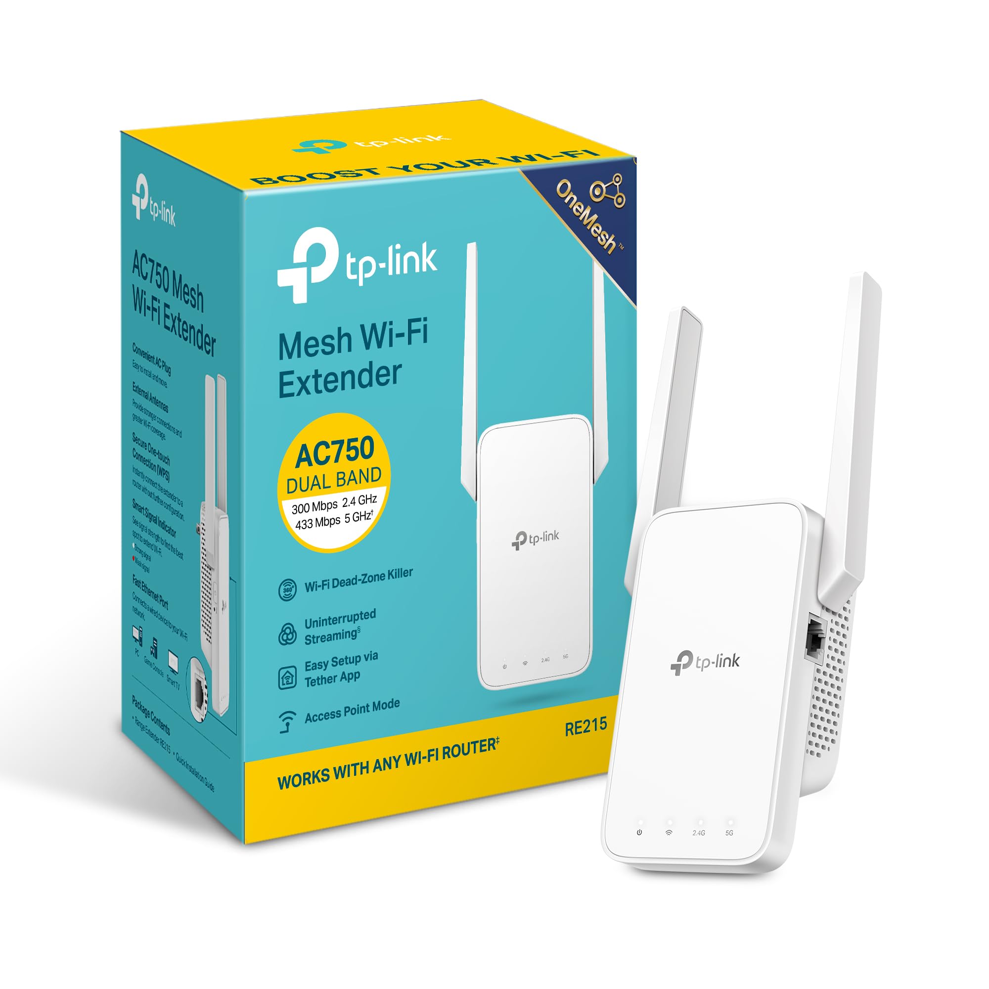 TP-Link RE215, AC750 Dual Band WiFi Extender w/Ethernet Port | Covers Up to 1,50