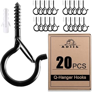 ADIIL Q Hanger Ceiling Screw Hooks for Hanging Outdoor String Light, Plants | 2.2 Inches Windproof Cup Eye Hooks with Safety Buckle for Hanging Basket Patio Christmas Lights, Black, 20 PCS